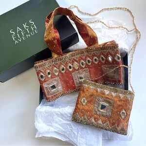 Moyna Orange and Gold Women's Bag Set New from Saks Fifth Avenue India Inspired